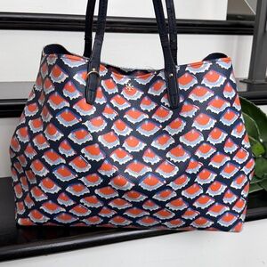 Tory Burch DEAL Kerrington Shoulder Tote Handbag Purse Navy Orange Print